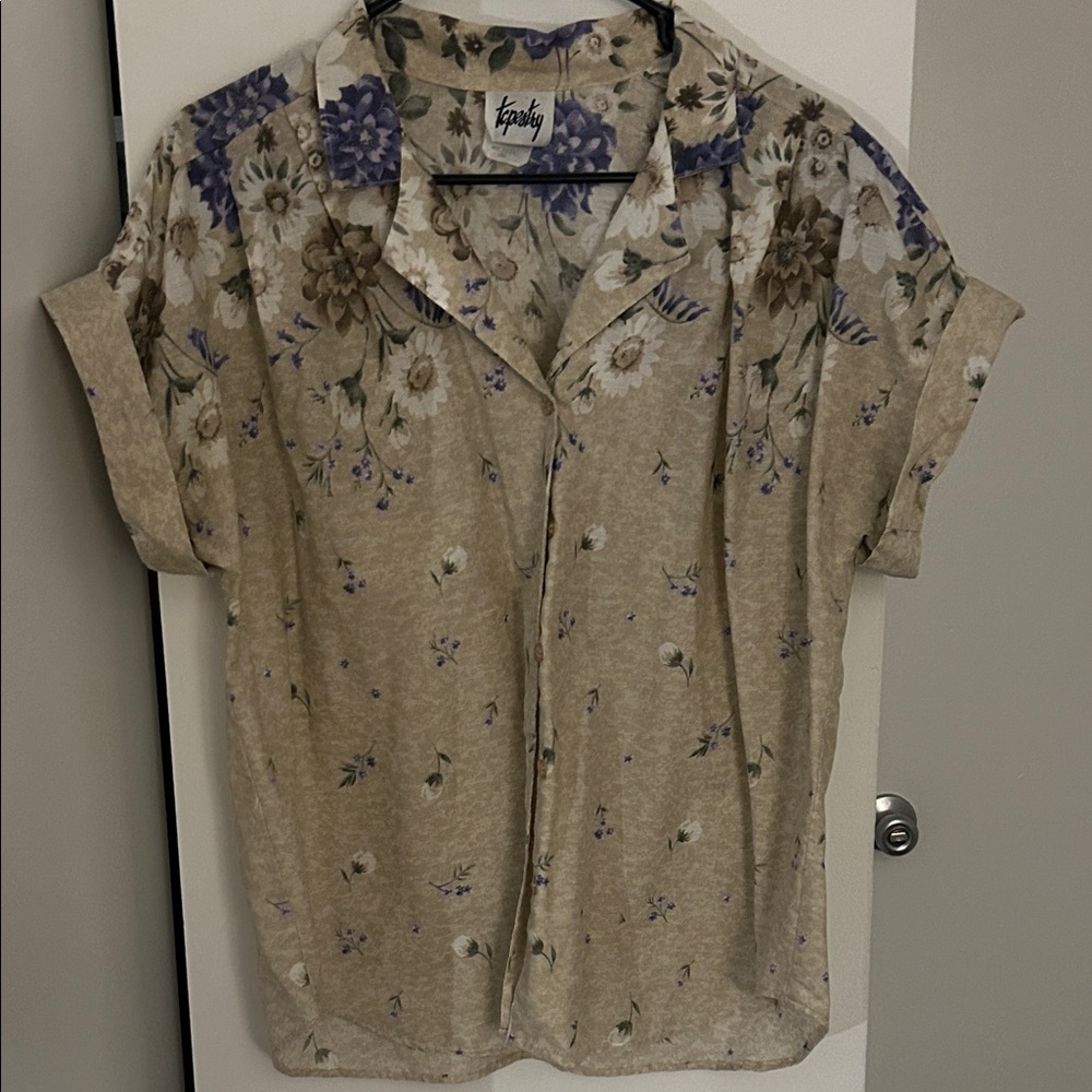 Floral Button Down Shirt - Tan and Purple